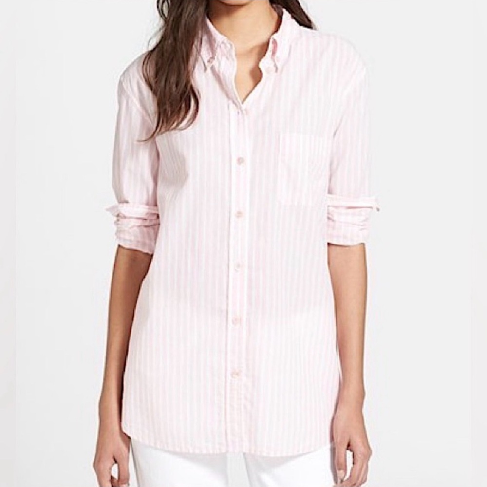 Equipment Femme White/Pink Striped Button-Up Shirt, Size L